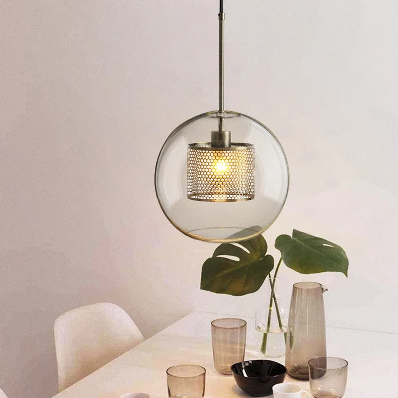 Glashelder Glass Orb Pendant Lighting Modernity 1 Head Hanging Ceiling Light Inside Mesh Cage Silver