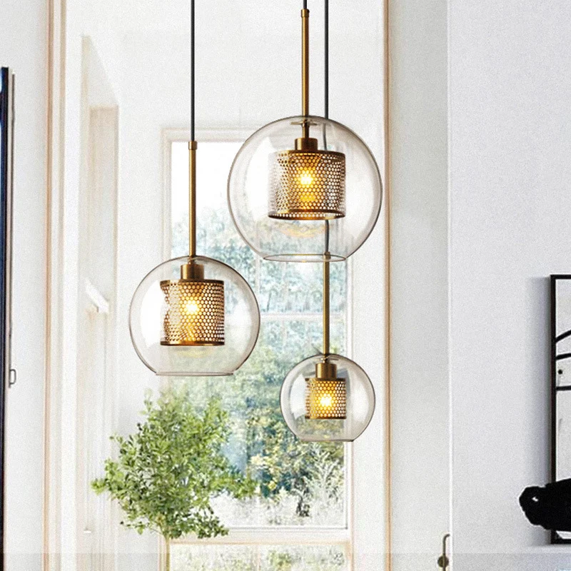 Glashelder Glass Orb Pendant Lighting Modernity 1 Head Hanging Ceiling Light Inside Mesh Cage Silver