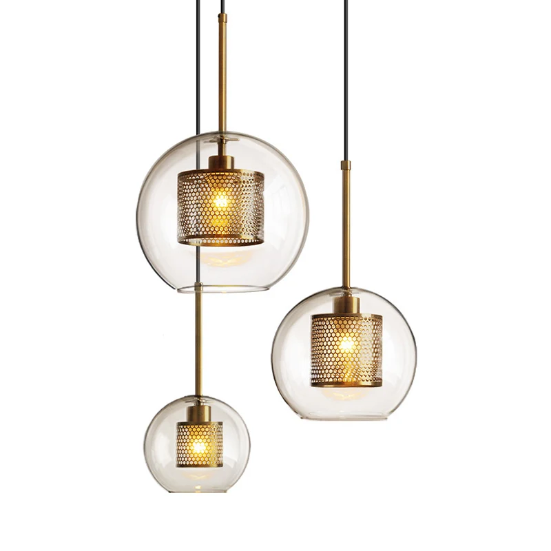 Glashelder Glass Orb Pendant Lighting Modernity 1 Head Hanging Ceiling Light Inside Mesh Cage Silver