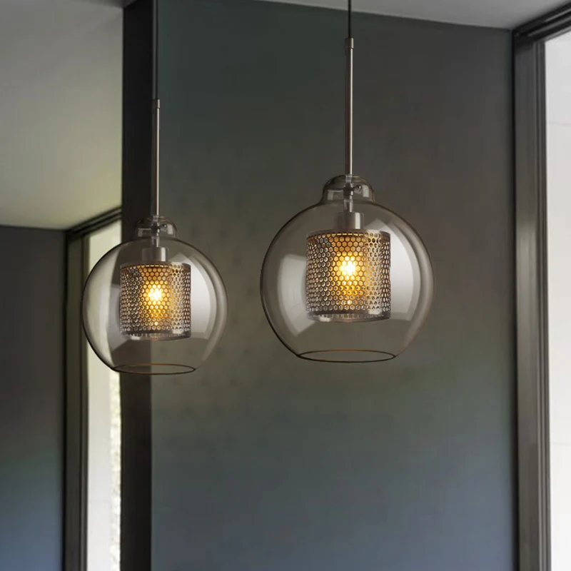Glashelder Glass Orb Pendant Lighting Modernity 1 Head Hanging Ceiling Light Inside Mesh Cage Silver