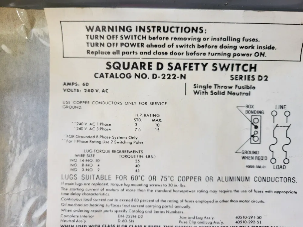 60 Amp 3 Phase 240 Volts General Duty Cartridge Fuse Safety Switch D-222-N